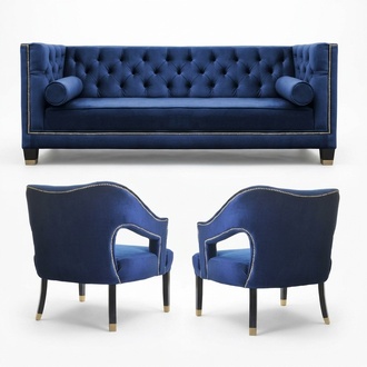 Blue Chesterfield Armchair xxl Big Textile Fabric Couches Furniture Sets Velvet New