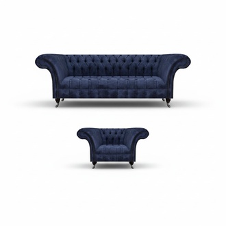 Blue Chesterfield fabric sofa set living room upholstered seating furniture 2-piece set