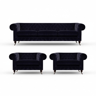 Blue Chesterfield sofa set designer 3-seater 2x armchairs 3 pieces