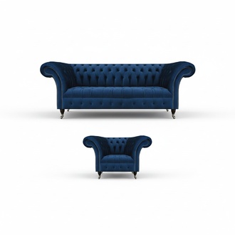 Blue Chesterfield set designer three-seater fabric armchair 2-piece furniture