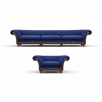 Blue Chesterfield upholstered furniture designer 3-seater sofa fabric armchair 2-piece set