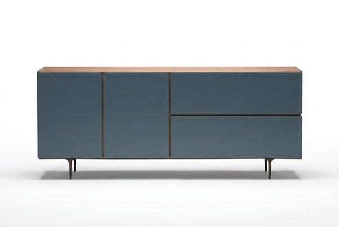 Blue wooden console, modern, elegant surface, sturdy design.