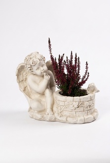 Ornamental garden flower vase-pot with angel sculpture figure made of weather-resistant cement