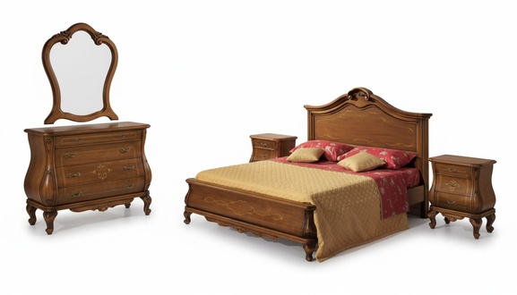 Brown Bedroom Set Bed 2x Nightstands Dresser Mirror Classic