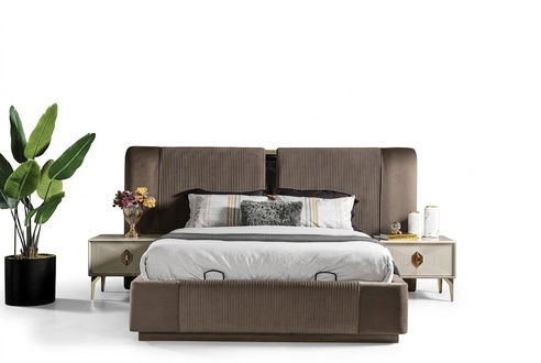 Brown bedroom set designer double bed 2x bedside tables luxury furniture