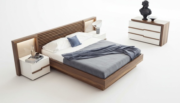 Brown bedroom set luxury bed chest of drawers bedside tables natural walnut