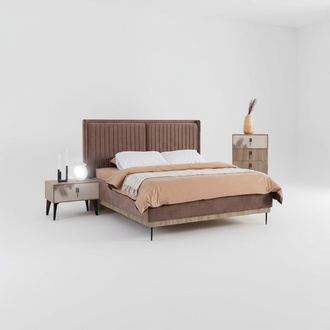 Brown bedroom set upholstered double bed 2x bedside tables wooden chest of drawers