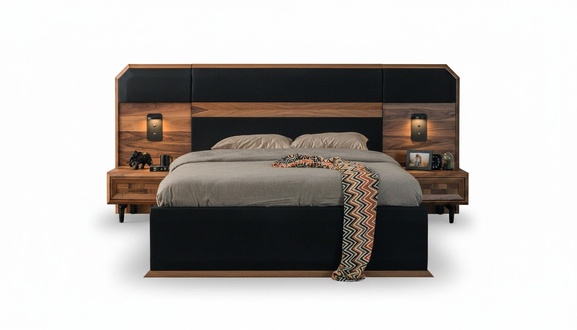 Brown-black wooden bedroom set double bed 2x bedside tables 3-piece