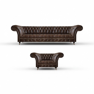Brown Chesterfield faux leather living room set 3-seater 2-seater