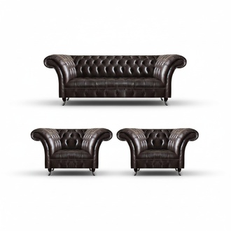 Brown Chesterfield leather sofa living room set designer seating group