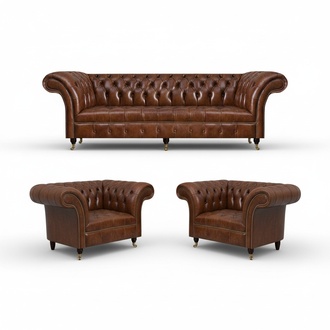 Brown Chesterfield Leather Sofa Designer Leather Armchair 3-piece Living Room Set