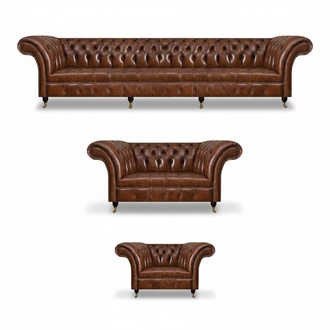 Brown Chesterfield leather sofa set designer leather couches 3-piece set
