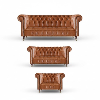 Brown Chesterfield leather sofas designer living room couches furniture 3pcs