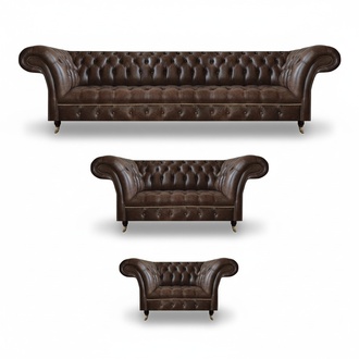 Brown Chesterfield leather sofa set living room 4-seater loveseat armchair