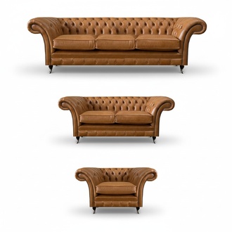 Braun Chesterfield Luxury Sofa Set 3+2+1 Living Room Leather Sofa