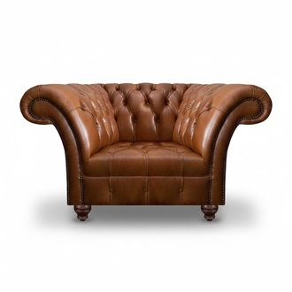 Brown Chesterfield single seater living room leather armchair upholstered 1-seater
