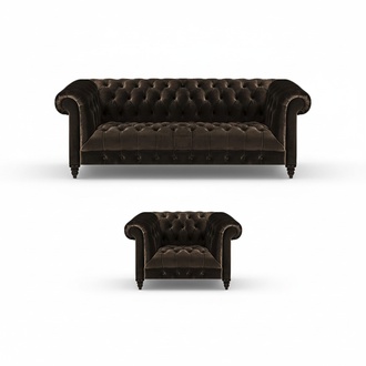 Brown Chesterfield Upholstered Set Designer 3-Seater Fabric Armchair 2-piece