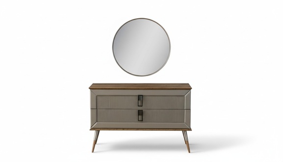 Brown designer chest of drawers Elegant round mirror Luxury dressing table set 2 pcs