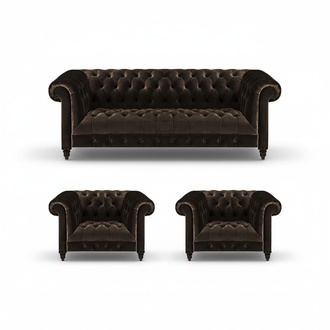 Brown living room Chesterfield seating furniture 3-seater sofa 2 armchairs 3-piece set