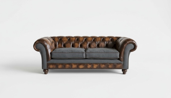 Modern Chesterfield Sofa 3-Seater Textile + Leather Upholstery Brown Grey Couch With Comfortable Cushions New