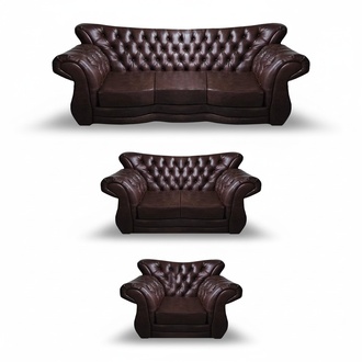 Brown Sofas Complete 3-Piece Leather Seating Living Room Chesterfield Design Furniture