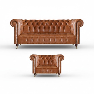 Brown Stylish Chesterfield Leather Sofas Complete Couch Set 2pcs