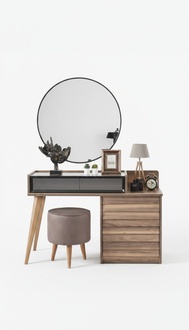 Brown wooden dressing table with round mirror designer bedroom 2-piece set console