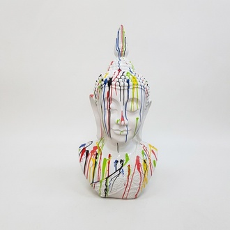 White colored abstract decorative sculpture designed as buddha bust in colorful stripes 117cm