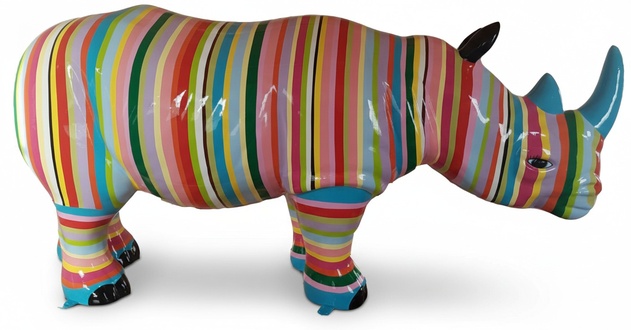 Abstract decorative sculpture of gloss rhino with multicolor stripes 175 cm length