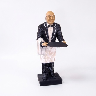 Gastronomy decorative sculpture designed as a classic style waiter with a round tray 80cm