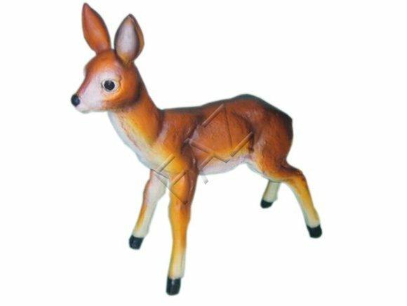 Decorative sculpture designed as motley light brown colored fawn without horns