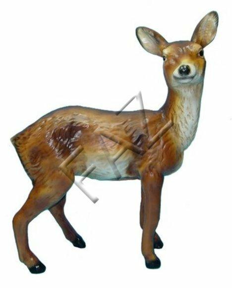 Decorative sculpture designed as gloss motley light brown colored deer without horns 81x62cm