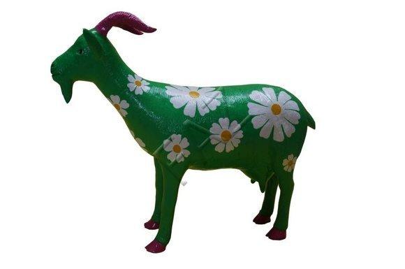 Full green colored goat figure with chamomile pictures decorative garden sculpture