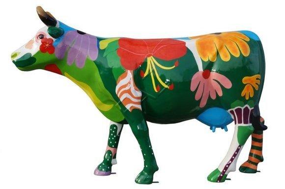 Colorful green cow figure decorative sculpture with flowers 216cm length Abstract 6