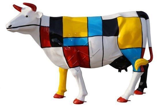Abstract decorative white cow figure sculpture in multi-color painted 216 cm length