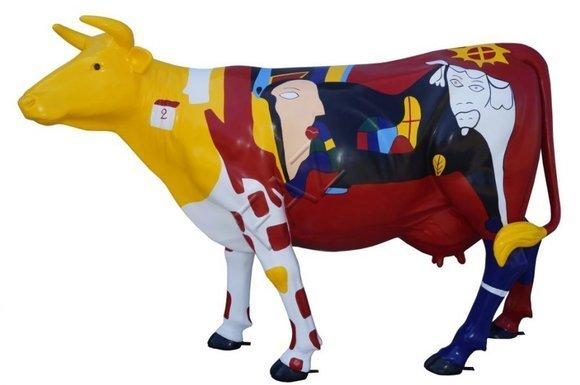 Decorative abstract cow sculpture in white/red colorful painted 216 cm length