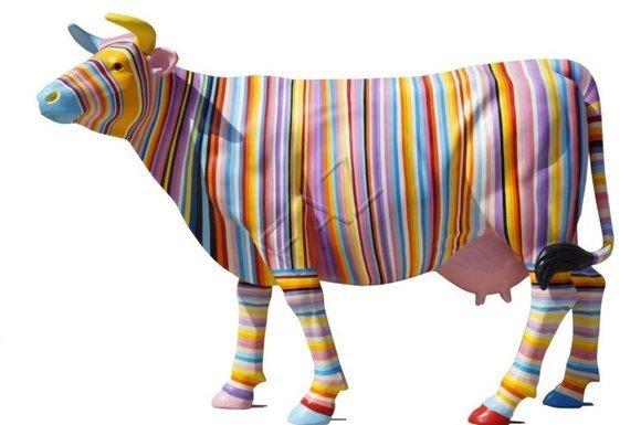Decorative abstract cow sculpture in colorful stripes painted 216cm length