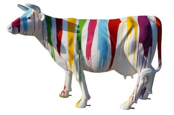 Colorful stripes painted white decorative cow figure sculpture 216cm length