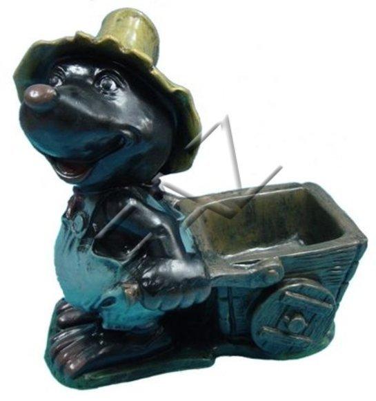 Decorative black colored sculpture designed as black colored happy mole miner with a carriage 50x47cm