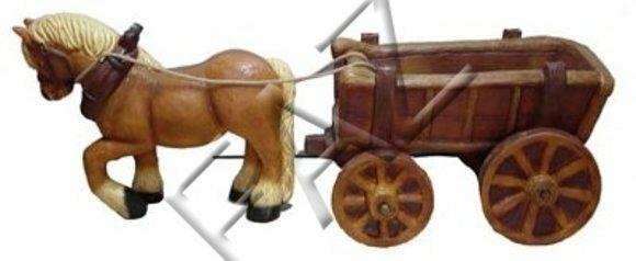 Decorative sculpture designed as brown colored pony with a carriage