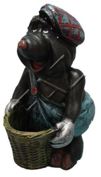 Decorative designer sculpture of black colored mole gardener with a basket 63cm height
