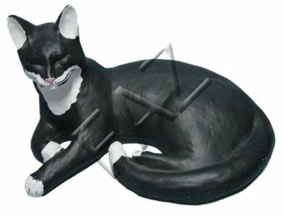 Decorative sculpture designed as motley black white colored dozing cat 19x35cm C345