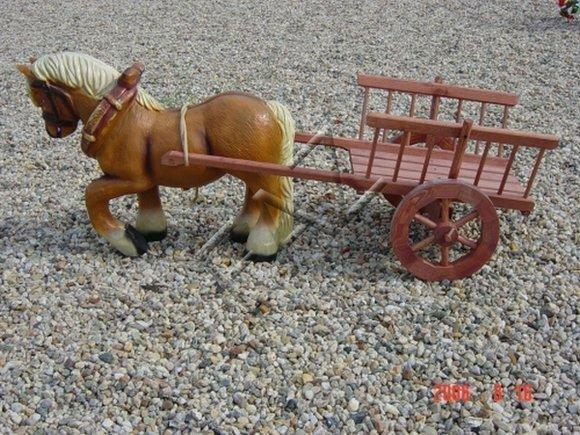 Decorative sculpture designed as light brown colored blond pony with simple wooden carriage figure 53x125cm