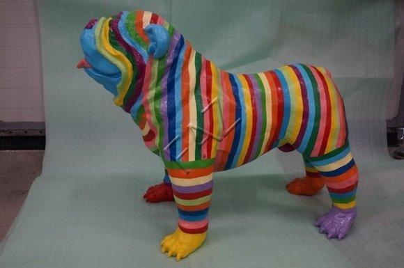 Design colorful gloss pug figure with stripes for garden decorative sculpture 74cm