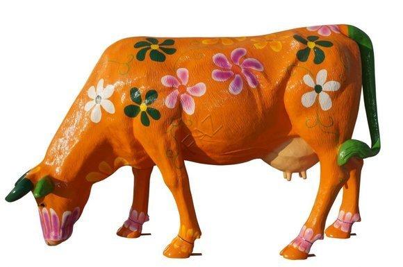 Cow decorative massive figure orange painted with flowers 215cm length