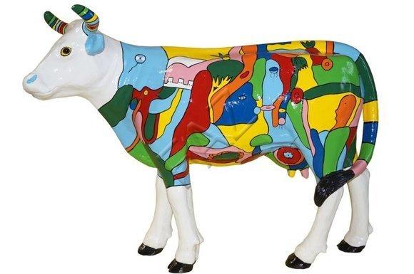Abstract garden decorative sculpture designed as gloss cow with colorful patterns 135cm