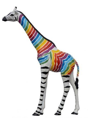 White/black decorative giraffe sculpture in colorful stripes painted 330cm height