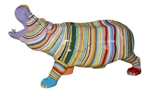 Decorative gloss garden sculpture designed as shouting hippo in colorful stripes C589R