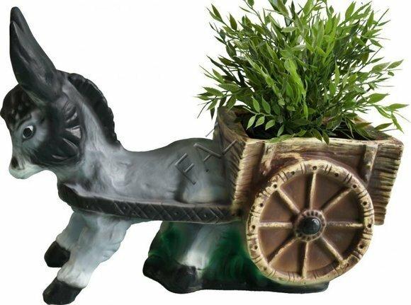 Decorative sculpture designed as dark grey foal with carriage for plants 32cm height
