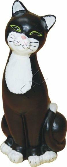 Decorative sculpture designed as sitting motley black white colored cat with green eyes 48cm height C772